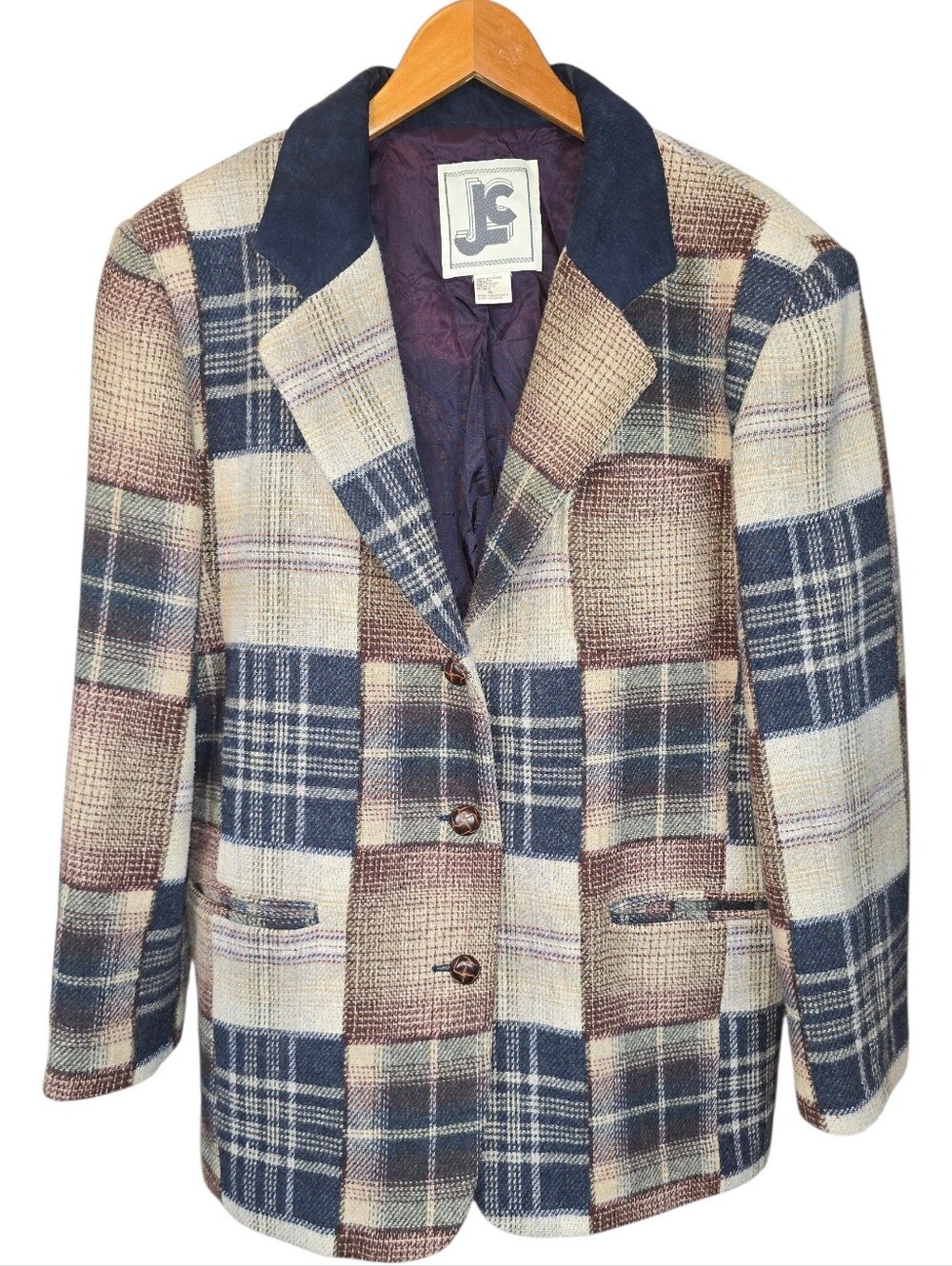 Vintage JL Colebrook Wool Blend Patchwork Plaid Blazer Jacket XL Acedemia Preppy